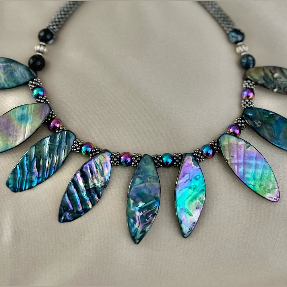 Abalone Shell Leaf Rainbow Hematite Statement Nec… - image 4